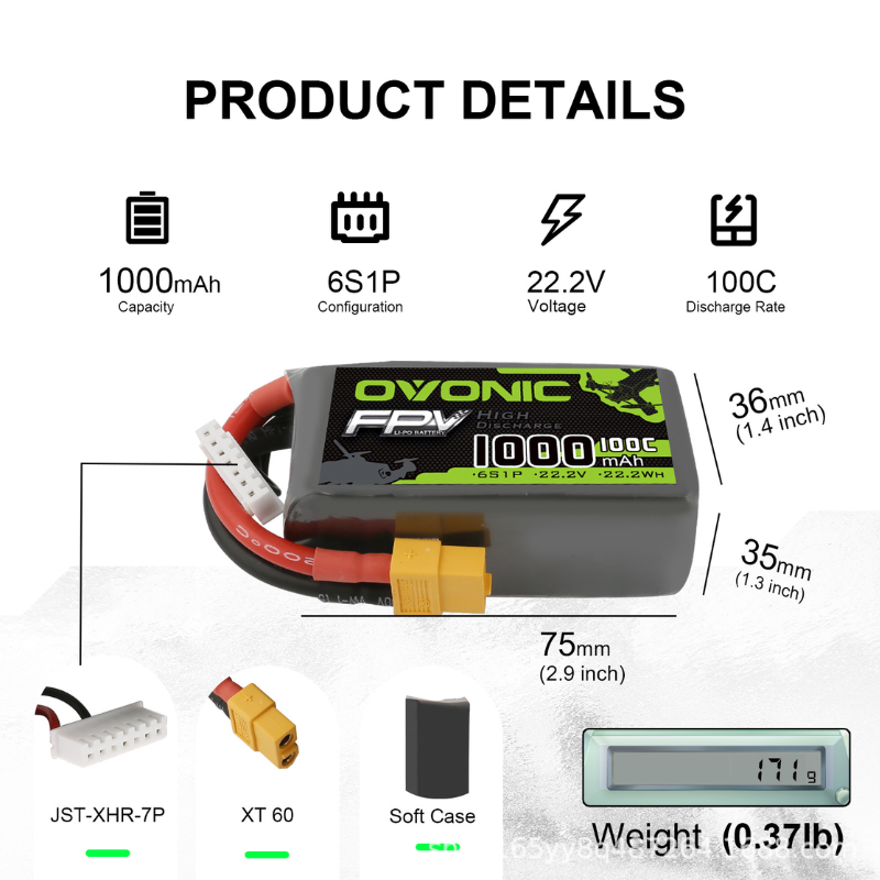 2Pcs OVONIC 1000mAh 100C 22.2V - đánh giá và giá Drone Battery Li-Ion